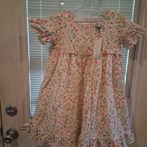 Rachel Zoe Girls' Floral Heart Print Ruffle Dress - Cream, Pink & Green